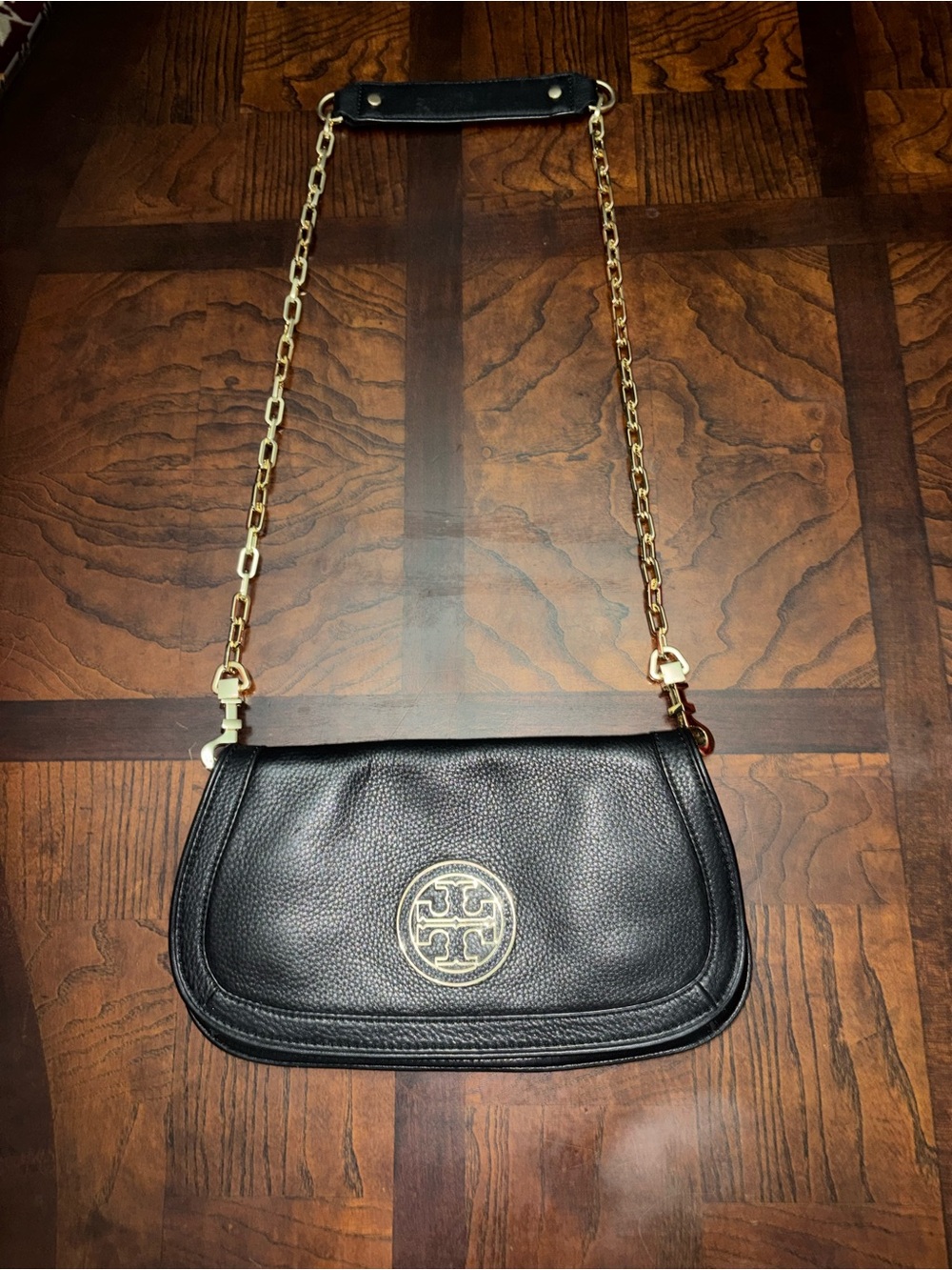 Tory Burch Black Pebbled Leather Shoulder Bag with Gold Chain